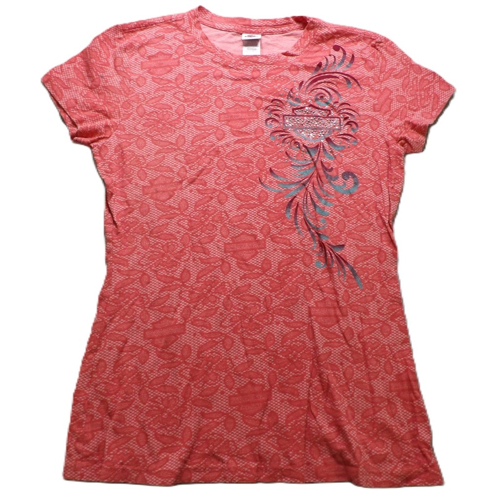 Harley Davidson Aruba T Shirt Pink Lace Rhinestone Made USA Graphic Women L Bike